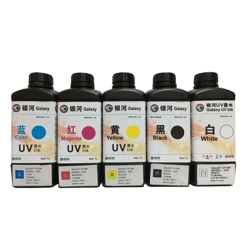 Galaxy UV Ink 5 Color C M Y K W 1000ml Galaxy UV Ink for Dx5 Printhead Made in Japan Galaxy UV Silk Screen Printing Ink for Metal Printing UV Inkjet Printer